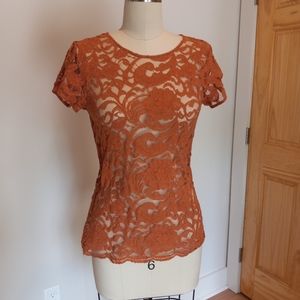 LOFT Rust-Orange Lace Dress Top Scalloped